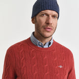 Camisola de malha entrançada de lã com decote redondo