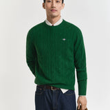 Camisola de malha entrançada de lã com decote redondo